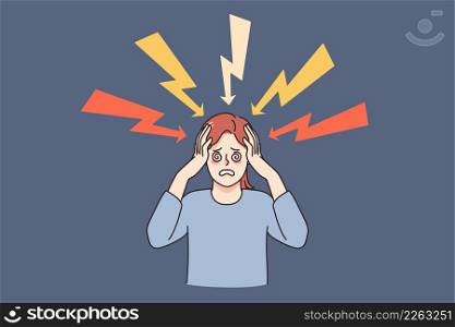 Unhappy frustrated woman stressed with life problems or thoughts feel depressed and overwhelmed. Upset female suffer from workload or troubles, have anxiety or panic attack. Vector illustration.. Frustrated woman overwhelmed with life problems