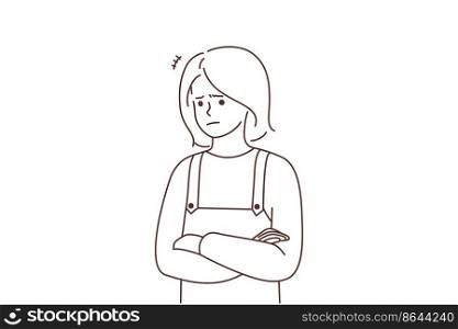 Unhappy girl feel stressed and pensive lost in thoughts. Upset woman suffer from depression or repetitive thought. Stress and distress. Vector illustration. . Unhappy girl feeling pensive 