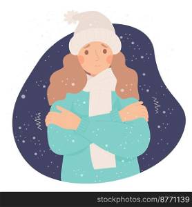 Unhappy girl freezing wearing and shivering under snow. Cartoon flat vector illustration. Winter season and suffering of low minus degrees temperature