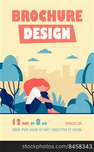 Unhappy girl in rain. Sad woman sitting in rainy park outdoors flat vector illustration. Depression, stress, loneliness concept for banner, website design or landing web page