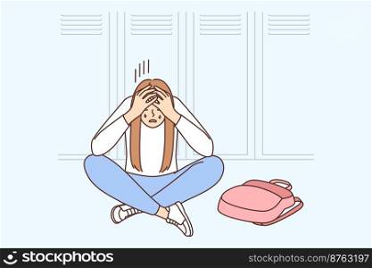 Unhappy girl sit on floor in school cry suffer from bullying. Upset stressed schoolgirl struggle with problems in college or university. Vector illustration. . Unhappy girl cry suffer from bullying in school