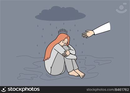 Unhappy girl sitting under rain cloud ignore helping hand give support. Person stretch hand rescue upset woman in depression. Mental problems. Vector illustration.. Person stretch hand help depressed woman