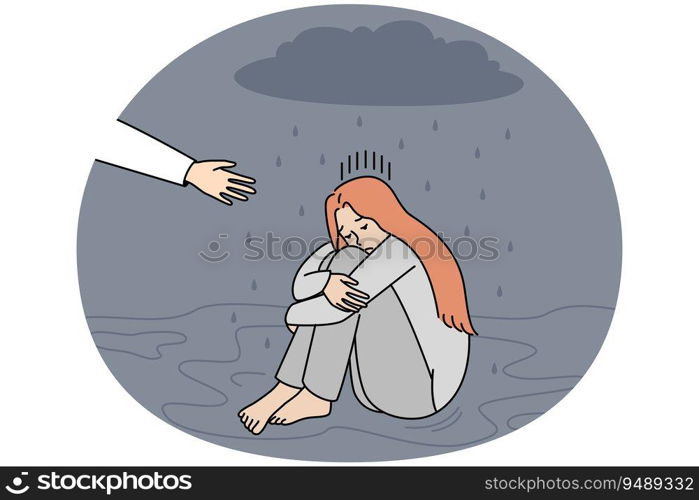 Unhappy girl sitting under rain cloud ignore helping hand give support. Person stretch hand rescue upset woman in depression. Mental problems. Vector illustration.. Person stretch hand help depressed woman