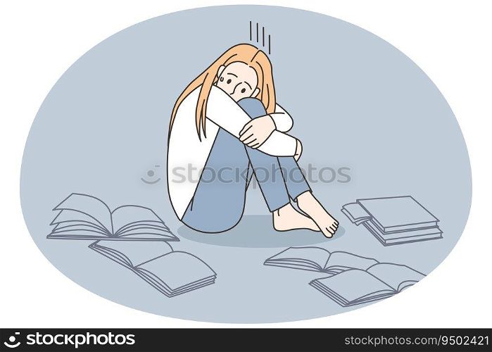 Unhappy girl surrounded by books study having problems at school or university. Upset student crying with education troubles. Knowledge concept. Vector illustration.. Unhappy girl cry studying