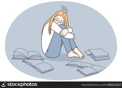 Unhappy girl surrounded by books study having problems at school or university. Upset student crying with education troubles. Knowledge concept. Vector illustration.. Unhappy girl cry studying