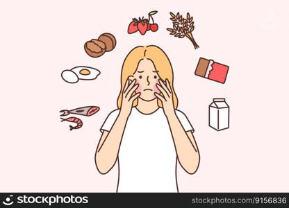 Unhappy girl with problems due to allergies and skin irritation or rash on face after eating. Allergies woman needs dermatologist help after experiencing symptoms caused by exotic food. Unhappy girl with problems due to allergies and skin irritation or rash on face after eating