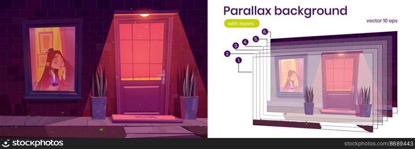 Unhappy girl with smartphone in house at night. Vector parallax background for 2d animation with cartoon illustration building facade with door and sad lonely woman by window. Parallax background with unhappy girl by window