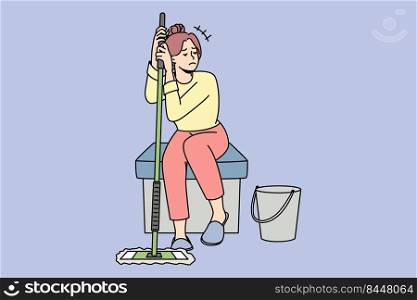 Unhappy housewife sitting with mop after cleaning feel distressed with home work. Upset woman housekeeper tired of housework. Chores at house. Vector illustration.. Unhappy housewife tired of housework