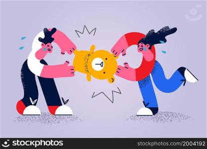 Unhappy kids hold tear teddy bear share toy playing together. Brother and sister children fight quarrel for stuffed teddybear. Childhood, sibling problem concept. Flat vector illustration. . Unhappy kids tear fight plush teddy bear toy