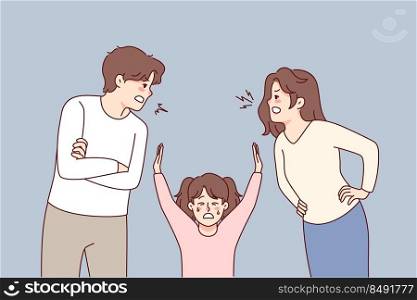 Unhappy little kid suffer from parents arguing. Small child struggle with mom and dad fighting. Domestic violence effect on children. Vector illustration. . Unhappy kid suffer from kids fighting 