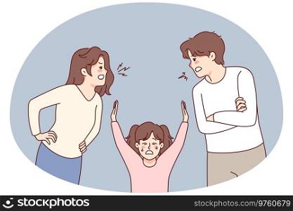 Unhappy little kid suffer from parents arguing. Small child struggle with mom and dad fighting. Domestic violence effect on children. Vector illustration.. Unhappy kid suffer from kids fighting