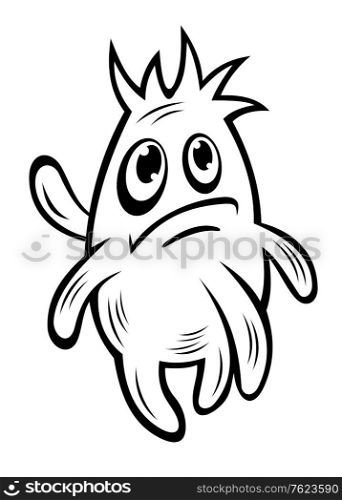 Unhappy little monster with tentacles and a cute spiky hairstyle with a gloomy look, black and white cartoon doodle sketch vector