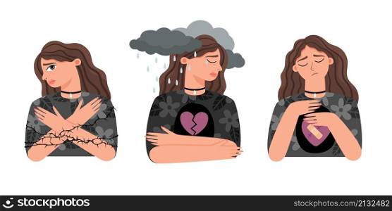 Unhappy love of girl. Cartoon woman with sad emotions set, psychology concept of broken heart, vector illustration of disappointed female with disorder mental health isolated on white. Unhappy love of girl. Cartoon woman with sad emotions set, psychology concept of broken heart, vector illustration of disappointed female with disorder mental health