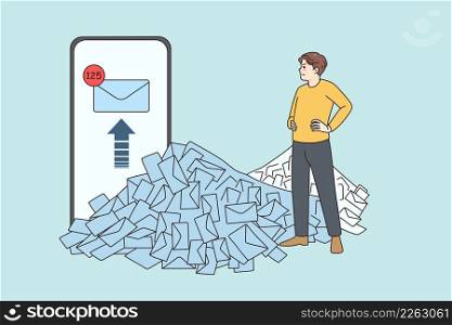 Unhappy male employee look at stack or unread emails think of workload. Man worker consider pile of mails and notifications of smartphone. Overwork and job stress concept. Vector illustration.. Male employee consider stack of unread work mails