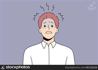 Unhappy male employee or worker feel frustrated and distressed with work problems. Anxious man worker stressed confused with news or ideas. Frustration and stress. Vector illustration.. Anxious male employee frustrated with work problems 