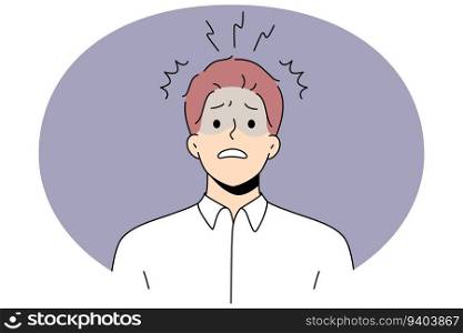 Unhappy male employee or worker feel frustrated and distressed with work problems. Anxious man worker stressed confused with news or ideas. Frustration and stress. Vector illustration.. Anxious male employee frustrated with work problems