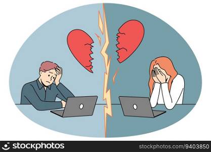 Unhappy man and woman dating online end relationship. Sad couple have breakup or misunderstanding talking on internet. Vector illustration.. Unhappy couple end online relationships