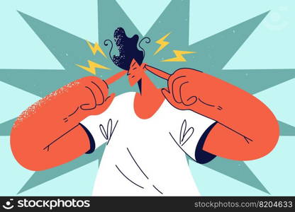 Unhappy man closing ears annoyed with excessive noise. Dissatisfied male cover ears bothered with loud noisy surroundings. Vector illustration.. Unhappy man close ears annoyed with noise