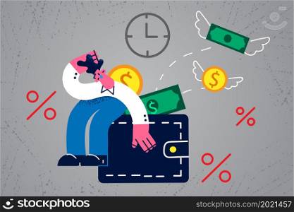 Unhappy man crying feel distressed with financial debts and bankruptcy. Upset male stressed with money expenses expenditures. Finance instability problem. Bankrupt. Flat vector illustration. . Unhappy man stressed with financial problems