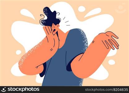 Unhappy man distressed with problem or mistake. Upset young male feel frustrated and confused have trouble or error. Vector illustration.. Unhappy man distressed with problem