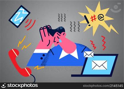 Unhappy man employee or worker stresses with notifications on electronic devices. Upset tired businessman suffer from emotional job burnout or breakdown. Overwork concept. Vector illustration. . Unhappy employee distressed at work have burnout