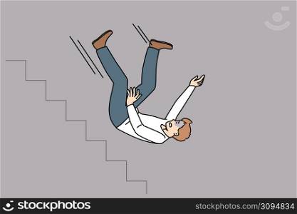 Unhappy man fall down stairs of career ladder suffer work crisis in life. Distressed businessman failure or business problem. Financial bankruptcy and loss. Flat vector illustration. . Unhappy man fall down career ladder