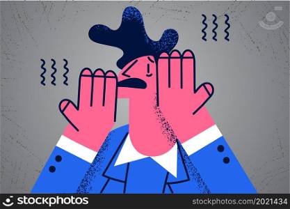 Unhappy man feel anxious suffer from panic attack or psychological problem. Stressed male struggle with anxiety or mental issues need help. Psychology, healthcare concept. Flat vector illustration. . Stressed man suffer from panic attack