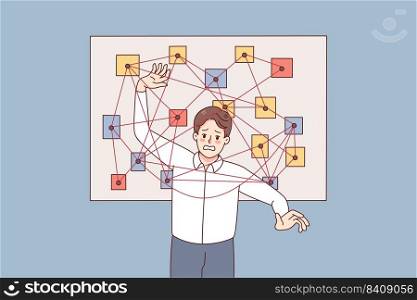 Unhappy man feel stressed with overwhelming work tasks and issues. Confused male employee frustrated with schedule and plans. Time management concept. Vector illustration. . Frustrated man stressed with overwhelming tasks