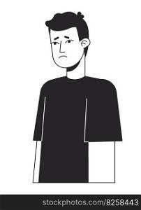 Unhappy man feeling loneliness flat line black white vector character. Editable isolated outline half body person. Mood simple cartoon style spot illustration for web graphic design, animation. Unhappy man feeling loneliness flat line black white vector character