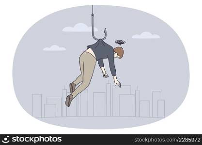 Unhappy man hang on huge hook suffer from life mental or psychological problems. Stressed male suffer from depression or psychiatry disorder. Healthcare and help. Vector illustration. . Man hang on hook suffer from depression