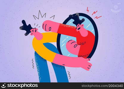 Unhappy man punch fight with self reflection in mirror suffer from bipolar disorder. Furious guy struggle with mental health problem. Violence and insecurity concept. Flat vector illustration. . Furious man punch reflection in mirror