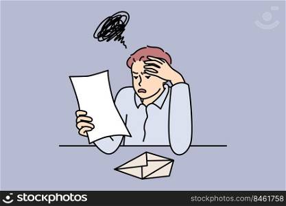 Unhappy man reading bad news in letter feel frustrated with massage. Upset guy distressed with notice or notification. Frustration and post mail. Vector illustration.. Stressed man reading bad news in letter