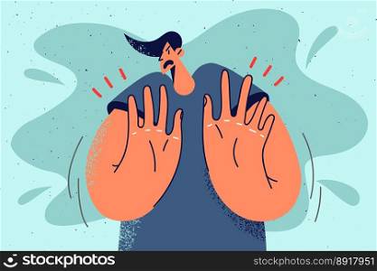 Unhappy man show no hand gesture. Frustrated decisive guy reject offer or proposal. Concept of rejection. Nonverbal communication. Vector illustration. . Decisive man show no gesture 