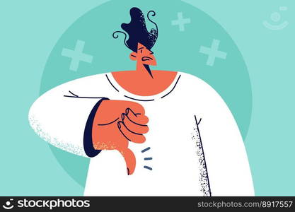 Unhappy man show thumb down demonstrate dislike or disapproval. Upset guy feeling frustrated and dissatisfied with bad quality service. Vector illustration. . Unhappy man show thumb down 