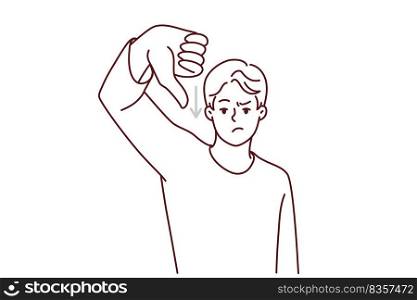 Unhappy man show thumb down dissatisfied with financial recession or money loss. Upset angry male dislike negative finance statistics. Vector illustration.. Unhappy man show thumb down dissatisfied with recession