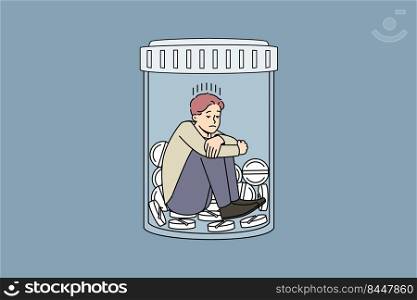 Unhappy man sitting in bottle with medicines suffer from depression or nervous breakdown. Upset stressed male struggle with drug and medication addiction. Vector illustration.. Unhappy man suffer from medication addiction