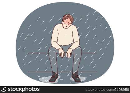 Unhappy man sitting on bench under rain feeling depressed and lonely. Sad male suffer from depression or mental problems. Stress and solitude. Vector illustration.. Unhappy man under rain feeling depressed