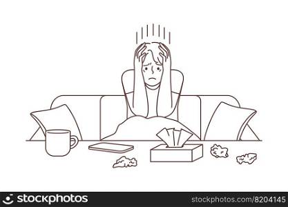 Unhappy man sitting on sofa feeling stressed crying after breakup or split. Upset male suffer from depression or anxiety at home. Vector illustration. . Unhappy man suffer from depression at home 