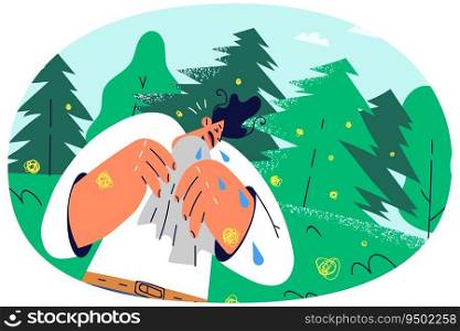 Unhappy man≥t lost in wood crying feeling abando≠d and anxious. Upset stressed guy distressed in forest unab≤to find road back. Vector illustration.. Unhappy man crying being lost in forest