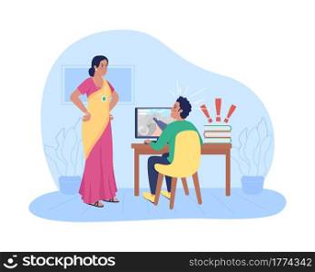 Unhappy mother argue with playing son 2D vector isolated illustration. Procrastination with school homework. Family flat characters on cartoon background. Teen problems colourful scene. Unhappy mother argue with playing son 2D vector isolated illustration