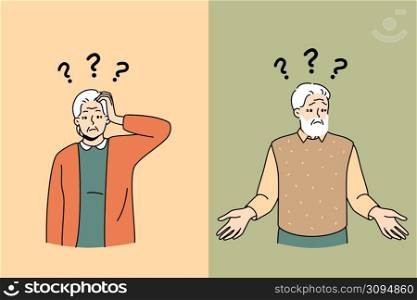 Unhappy old man and woman with question marks above head suffer from Alzheimer disease. Confused mature grandparents frustrated struggle with dementia. Brain problem. Vector illustration. . Confused old people struggle with dementia or Alzheimer