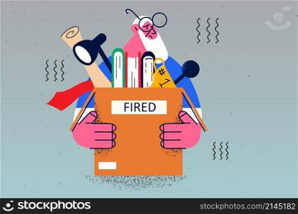 Unhappy old man with box with personal belongings fired from work in office. Upset mature male employee or worker frustrated with job dismissal. Pension and retirement. Vector illustration. . Unhappy mature man fired from office