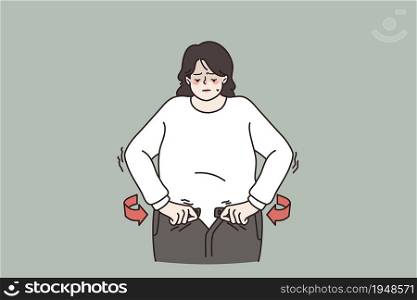 Unhappy overweight woman unable to fasten jeans, need lose weight for body keep fit. Fat female suffer from excessive bodyweight. Diet, healthy lifestyle concept. Flat vector illustration.. Overweight woman unable to fasten jeans belt