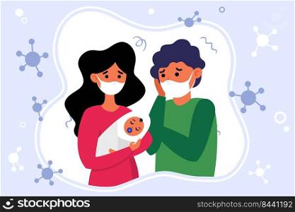 Unhappy parents wearing masks holding baby. Young family in quarantine flat vector illustration. Epidemic concept for banner, website design or landing web page