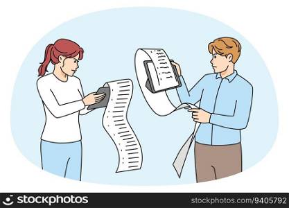 Unhappy people holding holdings list checking. Stressed angry man and women reading long payment history or bills. Accounting and banking problem. Vector illustration.. Unhappy people reading long lists