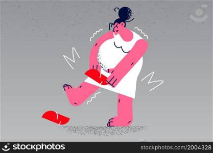 Unhappy pregnant woman feel stressed try wear shoes. Upset future mother on last month or pregnancy bend dressing up. Mot to be problems concept. Motherhood difficulty. Vector illustration. . Unhappy pregnant woman unable to wear shoes