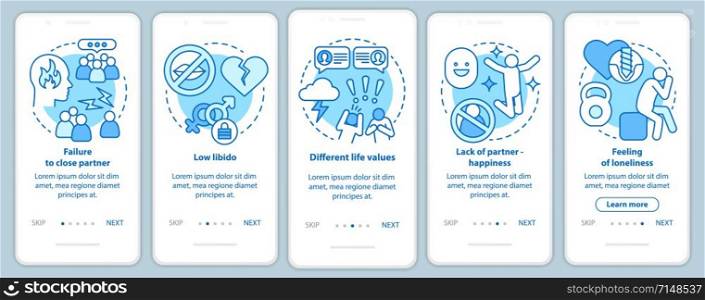 Unhappy relationships onboarding mobile app page screen with linear concepts. Failure to close partner walkthrough steps graphic instructions. UX, UI, GUI vector template with illustrations