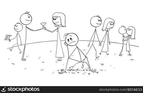 Unhappy,sad and lonely person with love pairs around, vector cartoon stick figure or character illustration.. Unhappy Alone Person Wants Love, Vector Cartoon Stick Figure Illustration