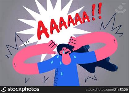 Unhappy sad young woman scream shot feel distressed with mental disorder or psychological problem. Stressed anxious girl yell cry struggle form depression or solitude. Flat vector illustration. . Unhappy crying woman scream suffer from anxiety