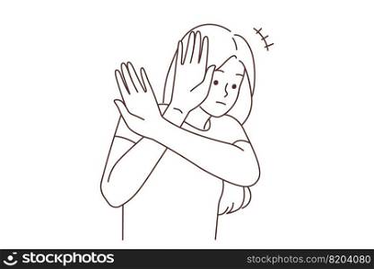 Unhappy scared woman make hand gesture protecting. Upset girl show no or stop gesture. Distress and fear emotion. Vector illustration. . Scared woman make hand gesture 